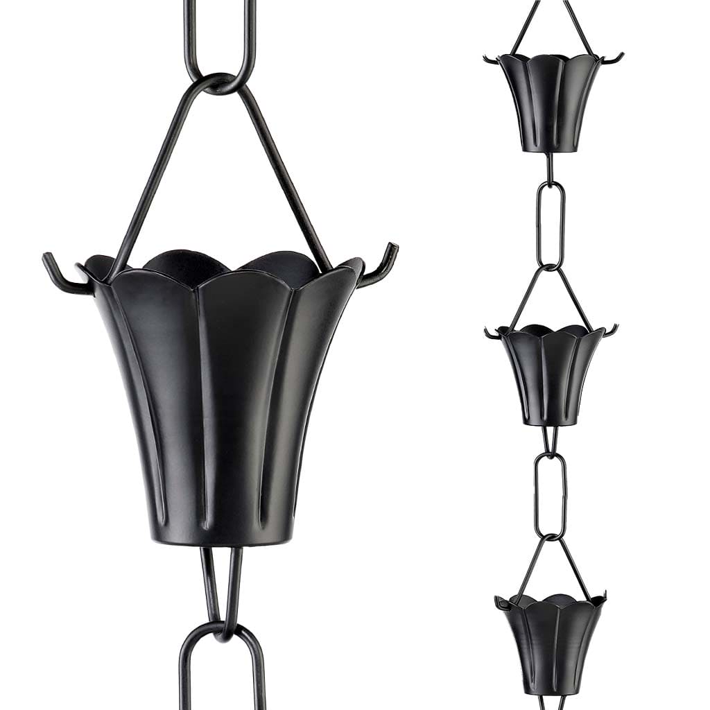 Modern Farmhouse Fluted Flower Black Aluminum 8.5ft. Rain Chain