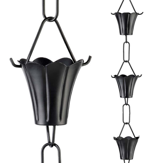 Modern Farmhouse Fluted Flower Black Aluminum 8.5ft. Rain Chain